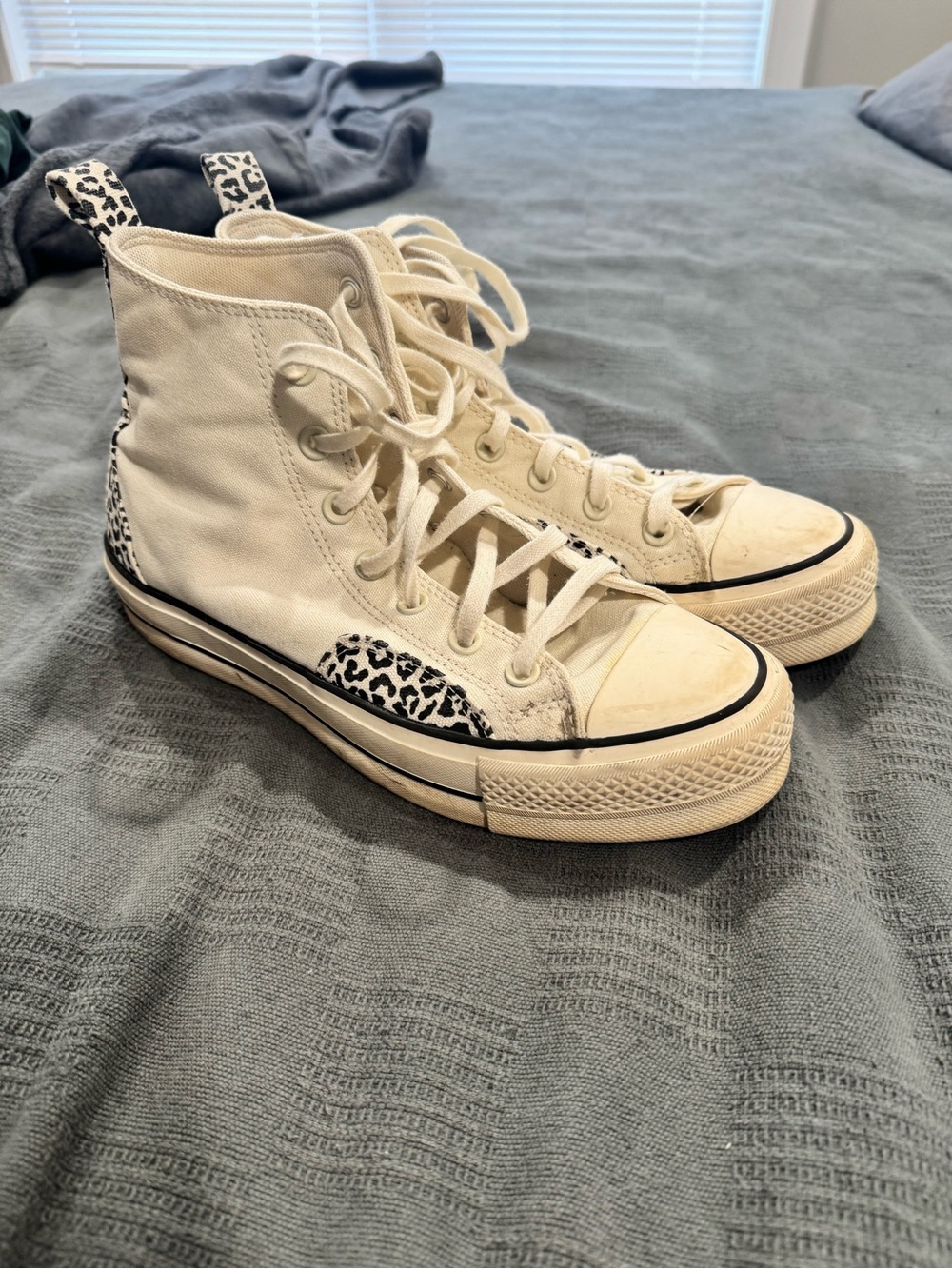 Converse White High-Top Sneakers with Black Leopard Print Accents